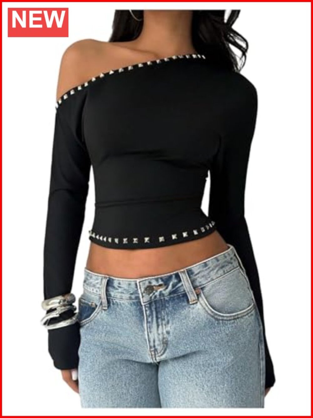 Women's Off Shoulder Long Sleeve Crop Top Studded Y2K Rave Party Tee
